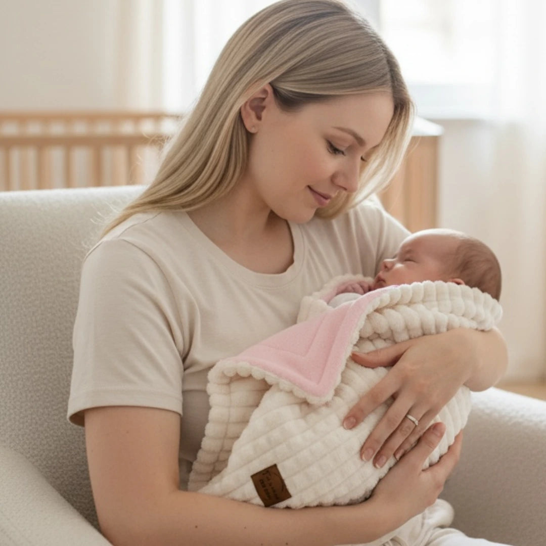 "Rózsaszín Felhő" kétoldalas babatakaró – Téli sétákhoz