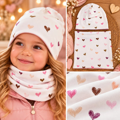 💗 Szívecskés sapka-csősál szett kislányoknak – két rétegű pamut