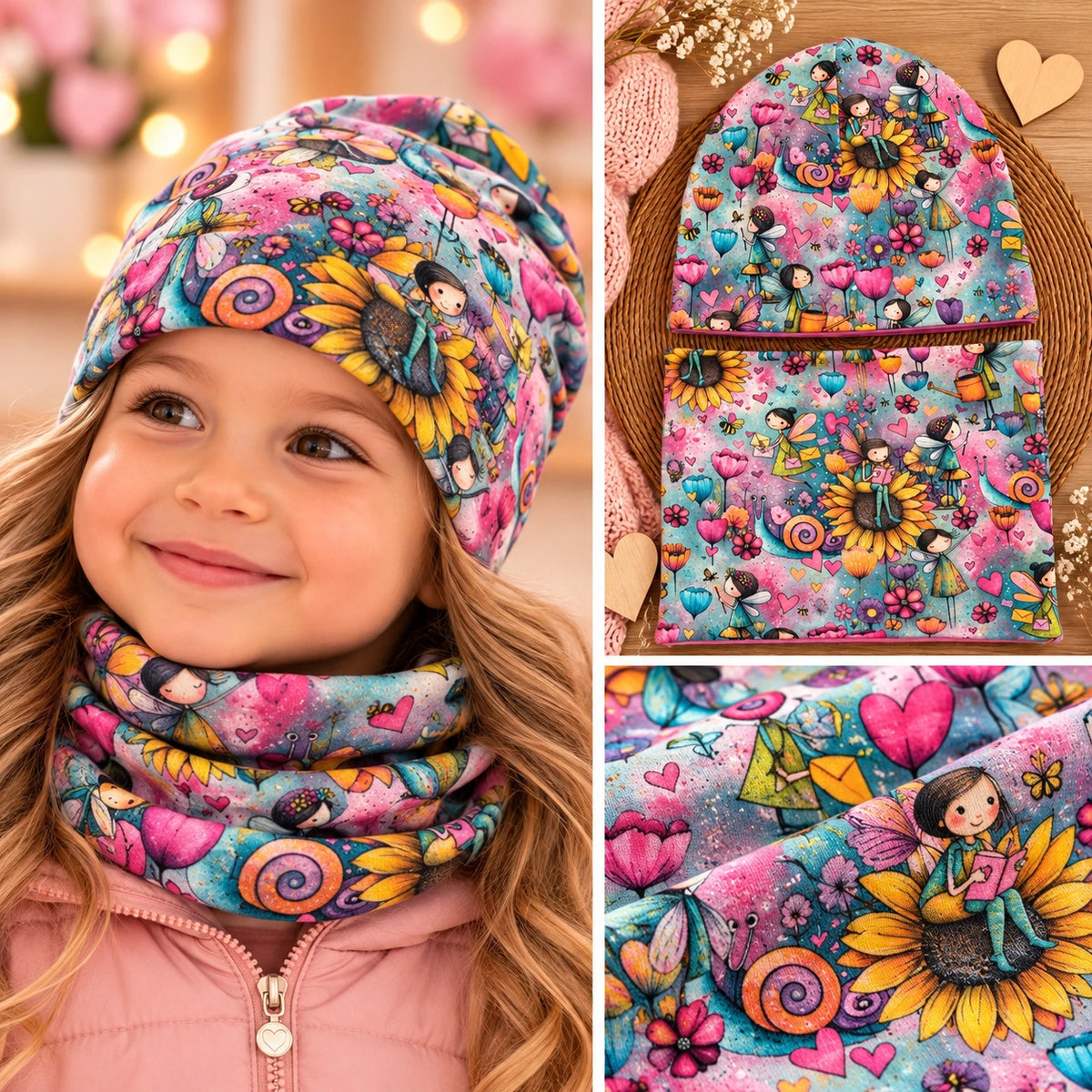 🧚‍♀️ Tündérmesés sapka-csősál szett kislányoknak – két rétegű pamut