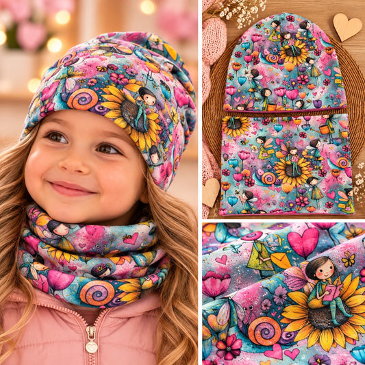 🧚‍♀️ Tündérmesés sapka-csősál szett kislányoknak – két rétegű pamut