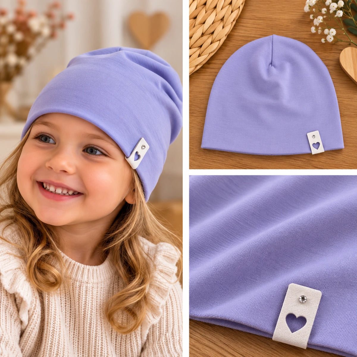 💜 Levendulalila gyereksapka szívecskés díszítéssel – Era Handmade