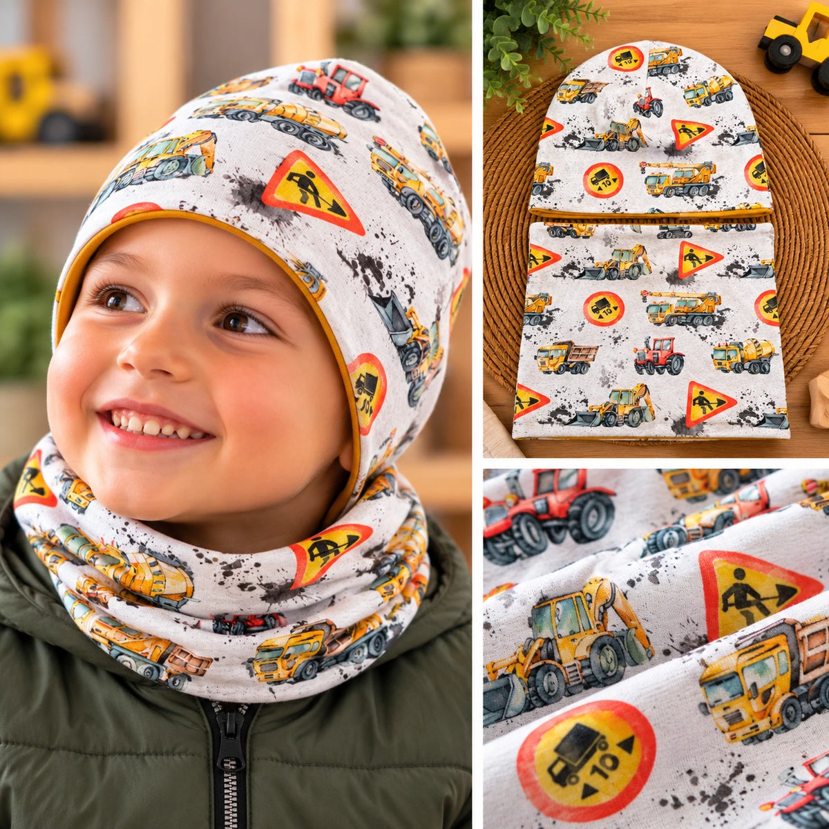 🚜 Munkagépes kisfiú sapka-sál szett