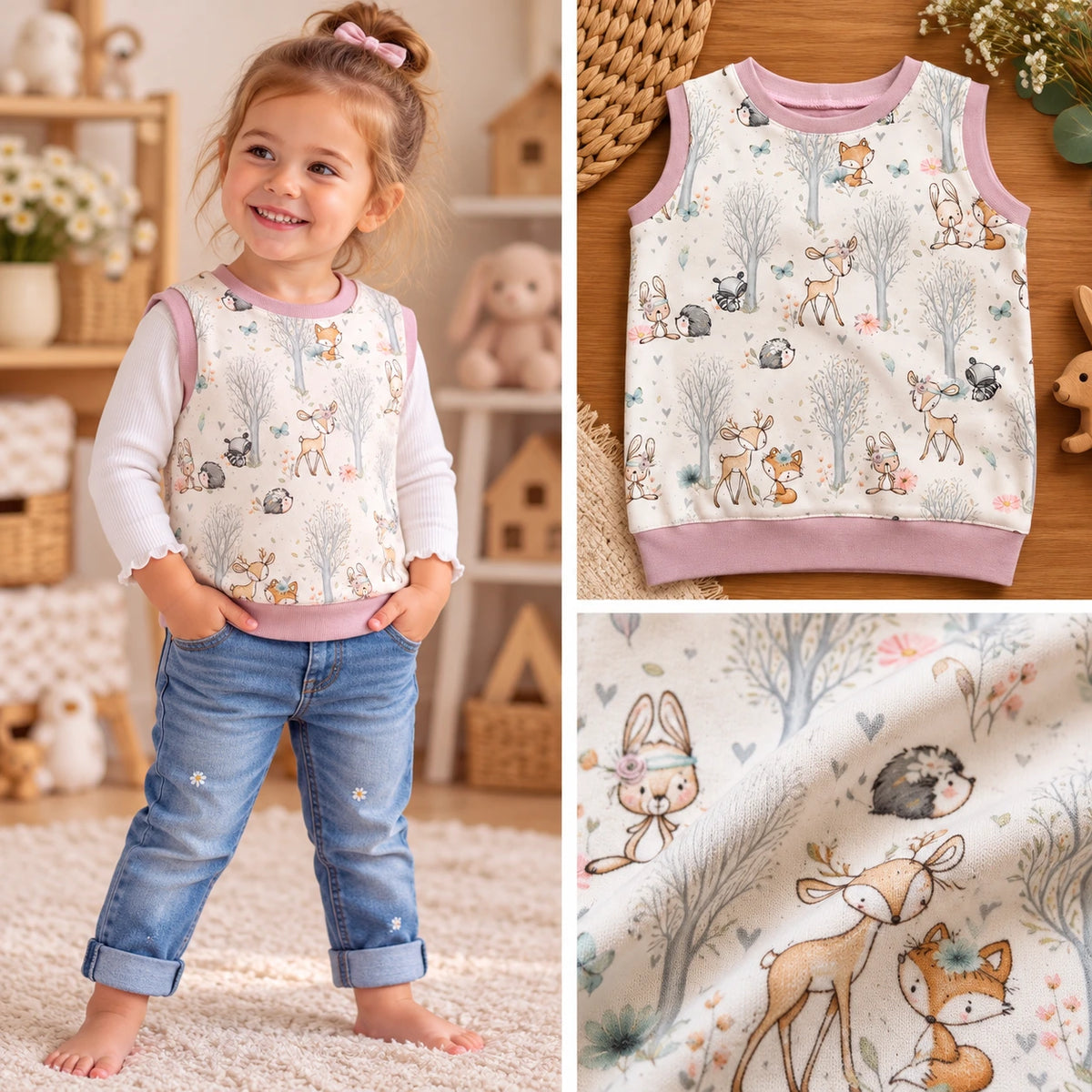 🦊 Erdei állatkás gyerekmellényke – Era Handmade