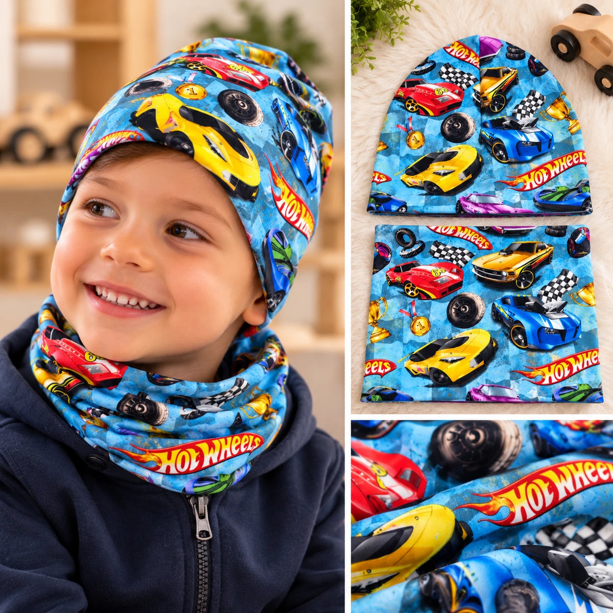 🏎️ Hot Wheels fiú sapka–sál szett