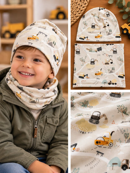 🚜 Munkagépes kisfiú sapka–csősál szett – Era Handmade