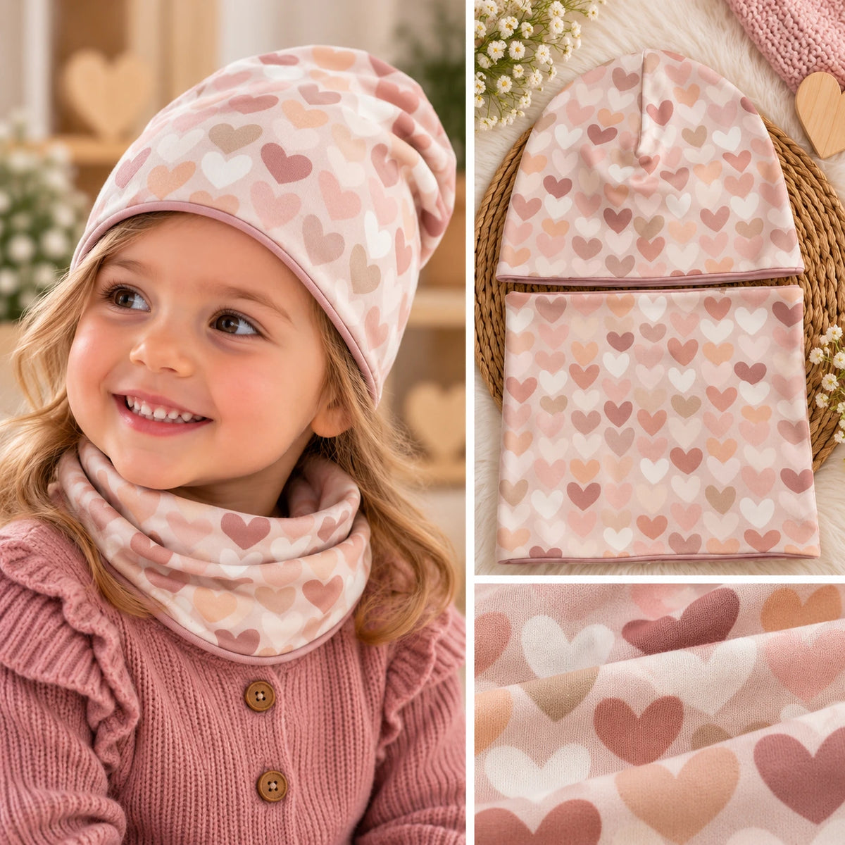 💕 Szívecskés kislány sapka–csősál szett